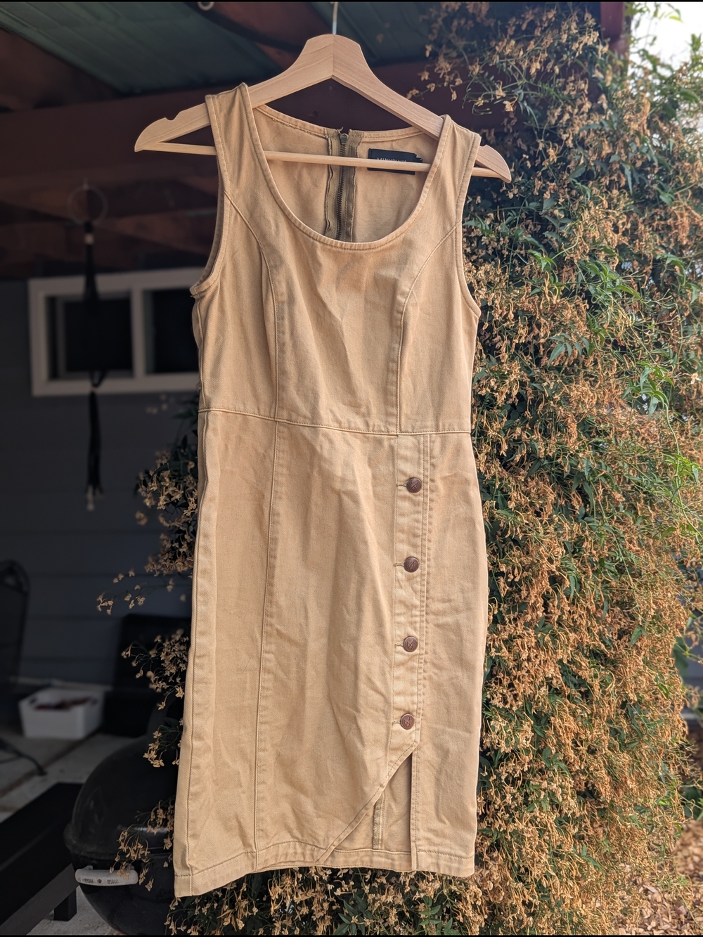 Sleeveless Tan Button-Detail Cotton Dress